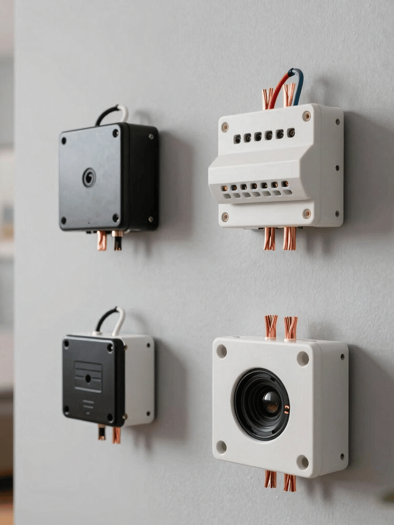 Clean and organized modern electrical components and copper wiring against a light grey wall in a contemporary European / Portuguese apartment.