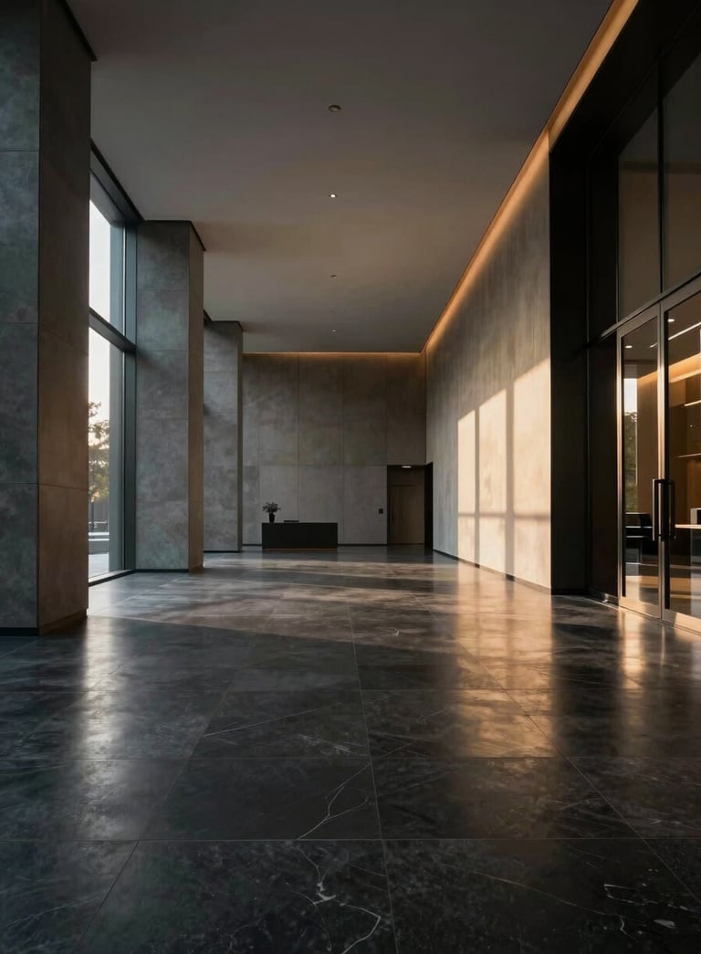 A cinematic, low-angle shot of a minimalist high-end corporate lobby. The floor is deep charcoal polished stone, reflecting soft gold light. Sleek architectural lines create a sense of scale and power.