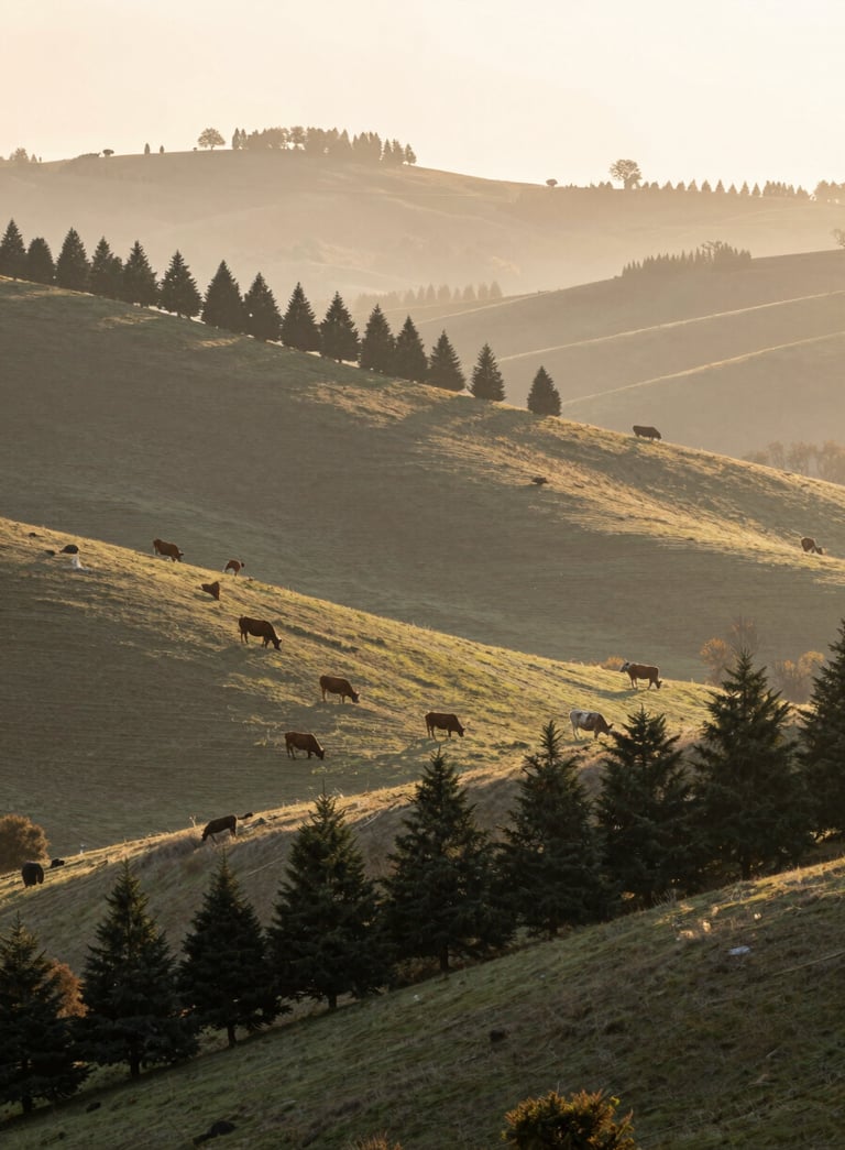 A wide, scenic shot of a rolling hill farm at sunrise. On the slopes, rows of dark green Christmas trees are visible, while in a separate pasture, beef cattle graze peacefully. The lighting is soft and misty, incorporating #F4F0E7 and #2C3A2D. The composition evokes reliability and natural beauty.