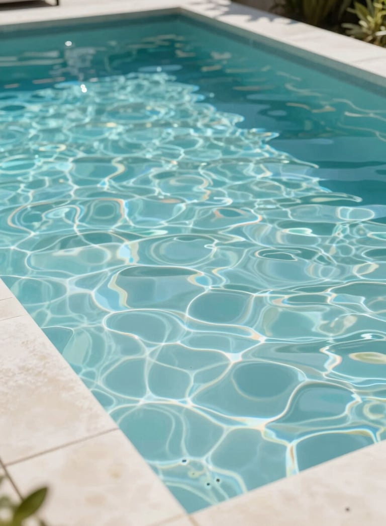 A wide, high-angle shot of a luxurious backyard pool with sparkling, transparent water. The pool has modern #F5FAFB stone coping. The scene is bright and airy with subtle reflections of the brand's teal colors in the ripples. No people are visible, emphasizing calm and clarity.