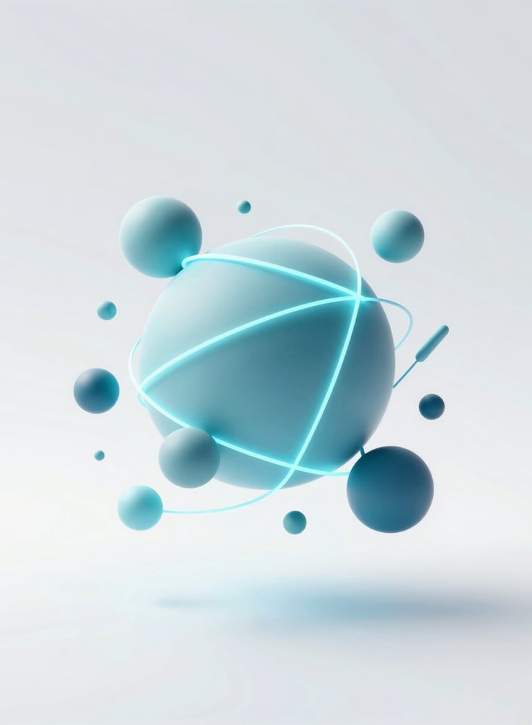 An abstract 3D composition representing connectivity, featuring floating geometric shapes and glowing lines in #3E6F7F and #7DAFB8. The style is modern and futuristic, set against a soft #F6F8FA gradient background.