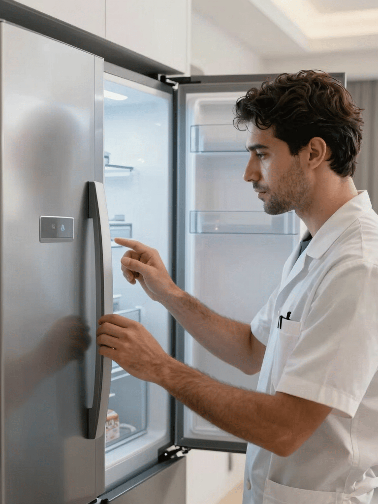 A professional technician in a clean uniform inspecting a high-end refrigerator in a modern Middle Eastern / Gulf apartment, soft natural light, clean composition.