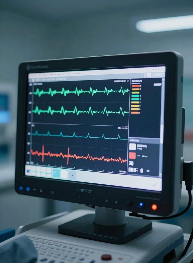 Close-up of a modern medical monitor displaying real-time health waveforms in a high-tech North American hospital ICU, soft deep blue ambient lighting, professional cinematic photography.