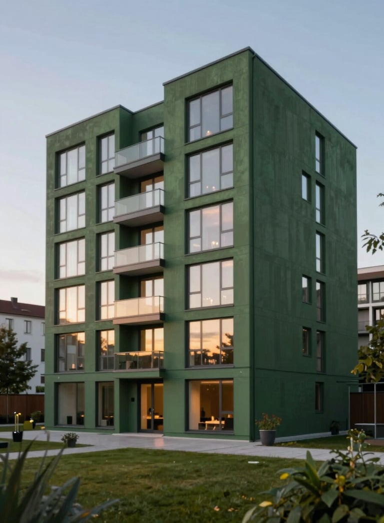 A modern Scandinavian apartment building at dusk, featuring large glass windows and clean architectural lines. The lighting is warm, highlighting the Matte Forest Green (#3F5E42) of the surrounding landscaping. Professional architectural photography style.