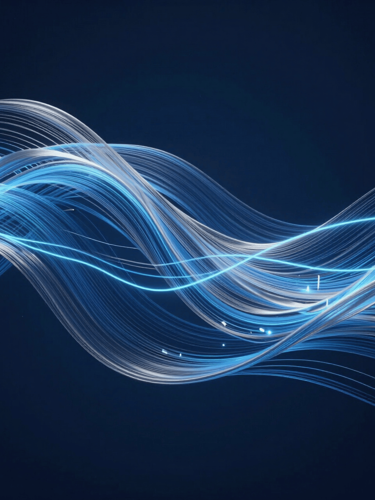 A cinematic, abstract render of flowing blue and silver fabric-like digital waves interwoven with glowing light-trail circuits against a deep navy blue background.