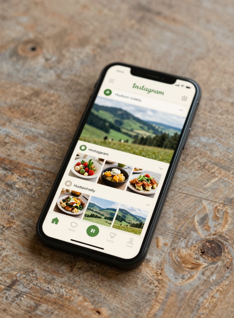 A high-quality lifestyle photo of a modern phone displaying a vibrant Instagram feed featuring Hudson Valley landscapes and local food, set on a rustic wooden table with a soft Cream (#F8F4EE) and Forest Green (#2D6A4F) palette.