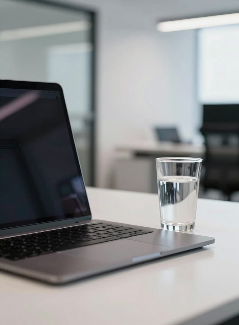A focused close-up of a modern workstation in a Texas corporate office featuring a high-end laptop, a glass of water, and a blurred background of a clean, minimalist professional environment.