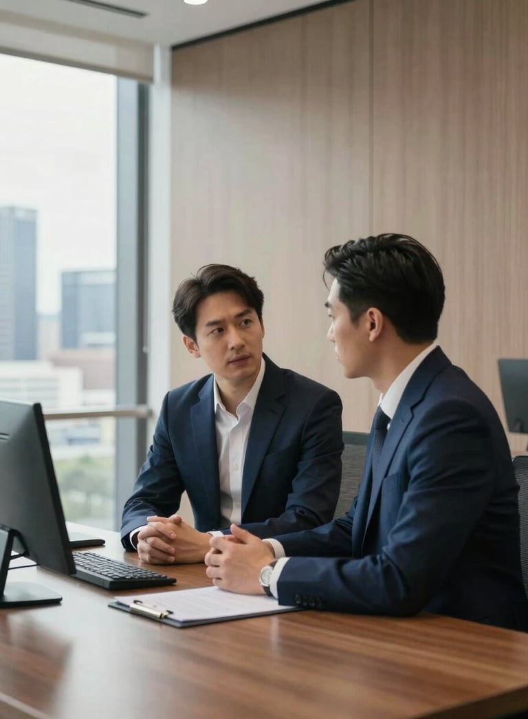 A high-end, minimalist professional office interior with an East Asian / Chinese consultant in a professional dark blue suit providing a consultation. Soft natural lighting, polished wood surfaces, and a subtle view of an Australian cityscape through a window.