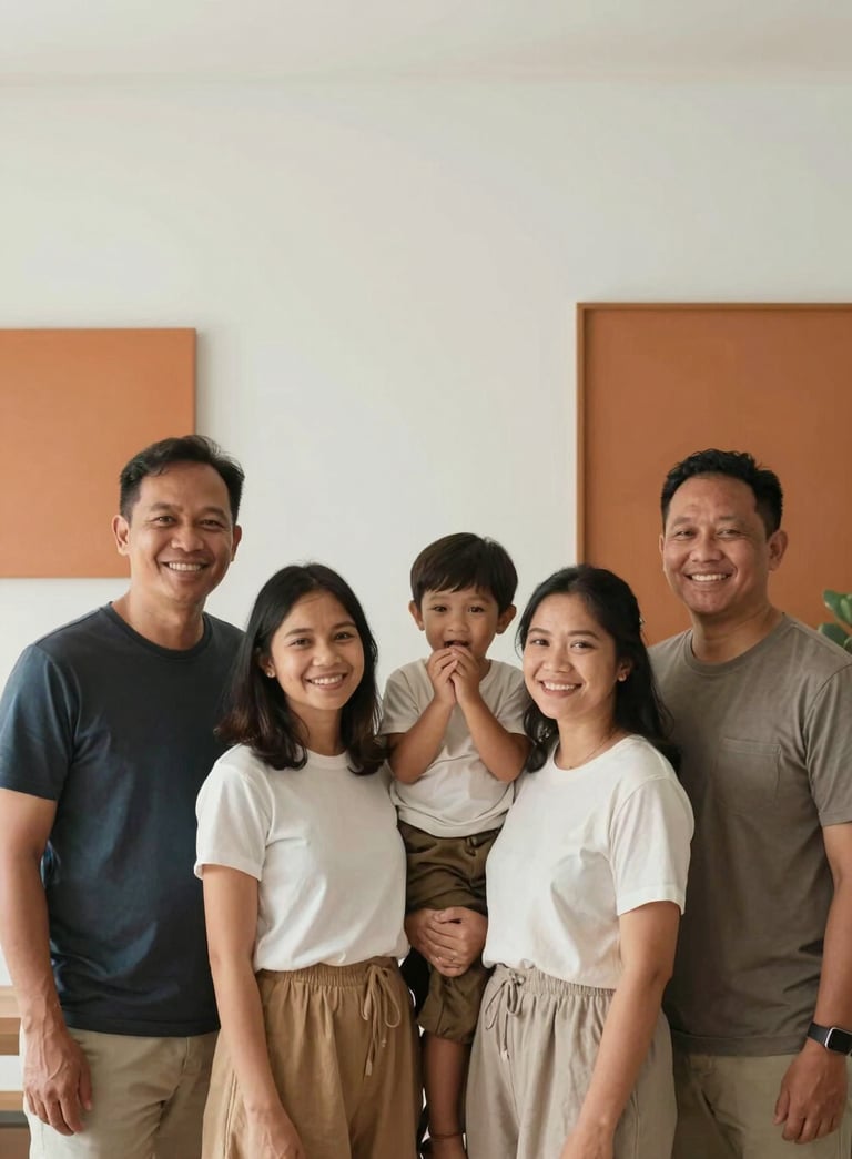 A minimalist, high-quality photograph of a Southeast Asian / Indonesian family smiling together in a modern home. The scene is bright with soft off-white walls and warm orange accent decor, conveying safety and empowerment.