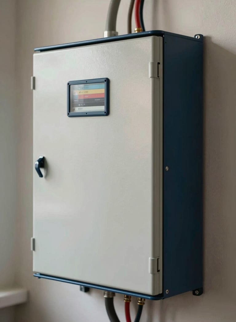 A close-up, sharp photograph of a modern residential electrical panel with neat wiring, natural daytime lighting in a North American / US basement, featuring soft white and deep navy blue tones.