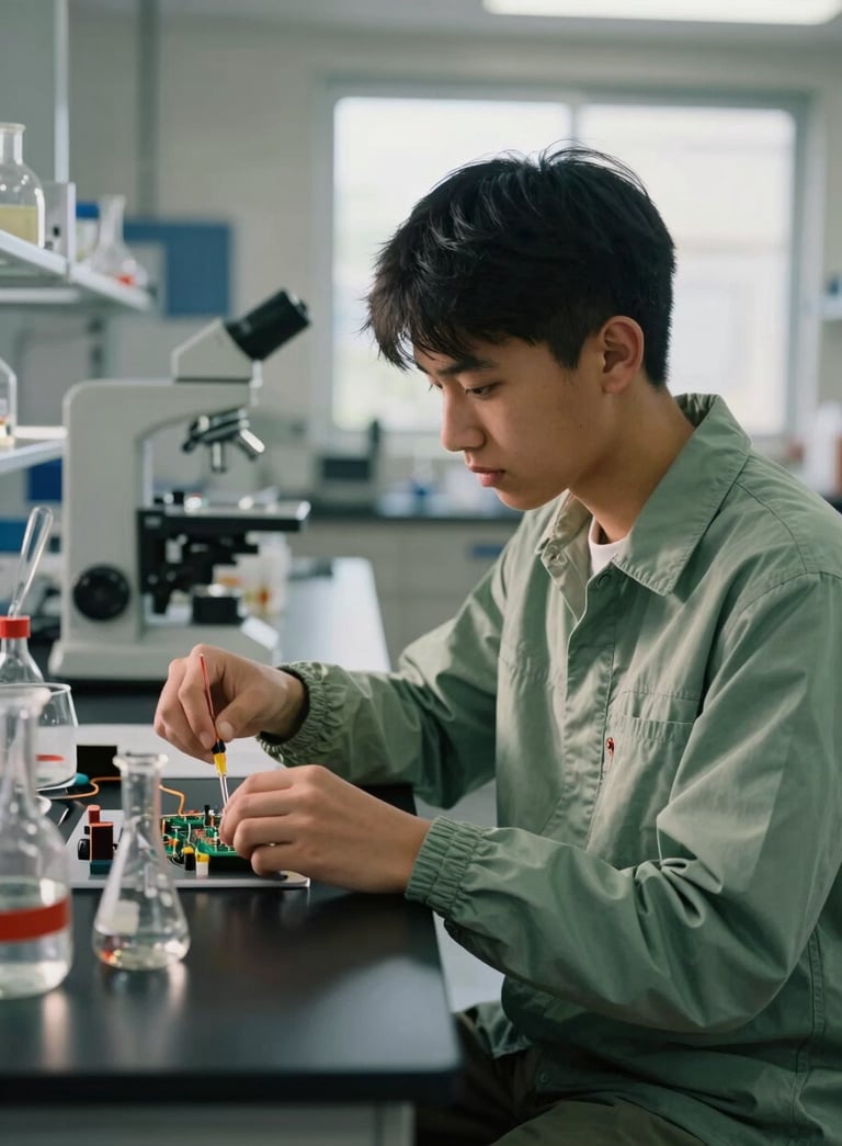 A focused North American / US high school student working in a modern science laboratory, soft morning light illuminating scientific glassware and circuit components on the desk, professional academic atmosphere using Deep Charcoal and Sage Green tones.