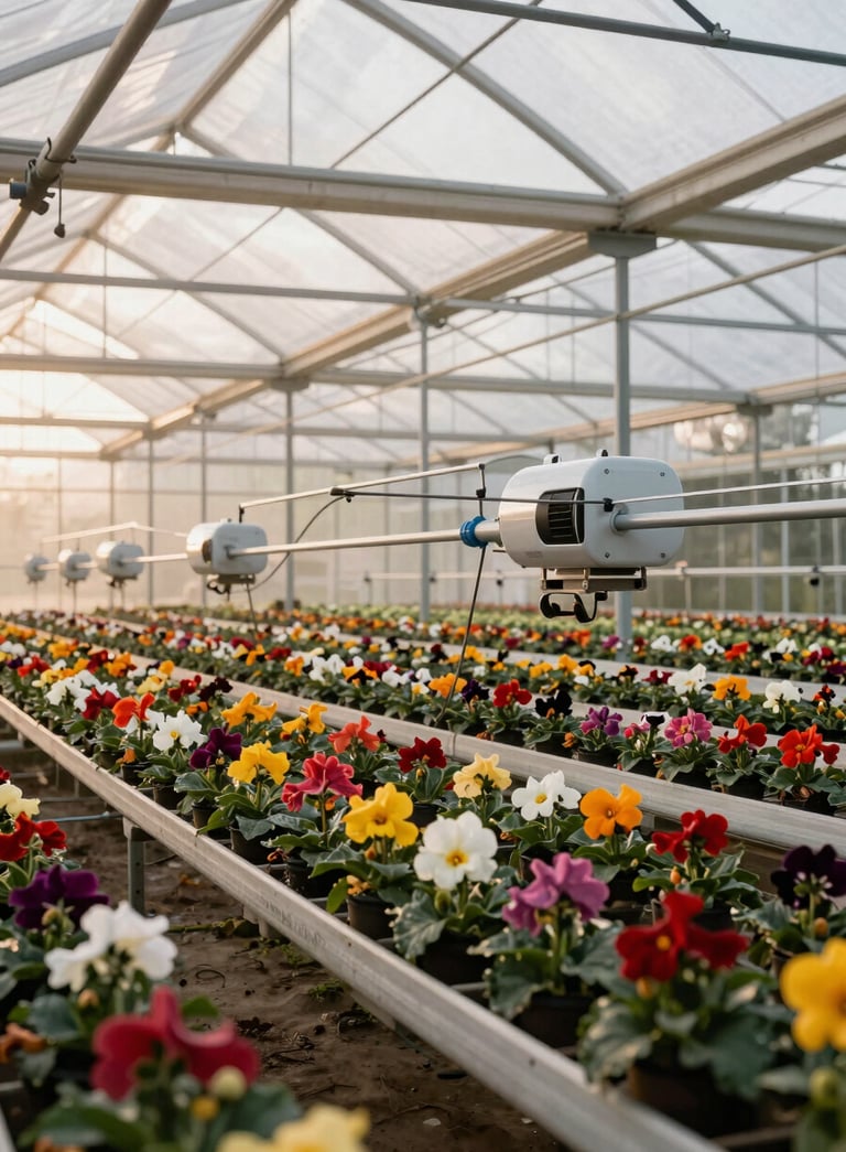 Wide shot of a South American greenhouse at sunrise, showing automated rows of vibrant flowers and modern irrigation systems, cinematic lighting, emphasizing growth and technology.
