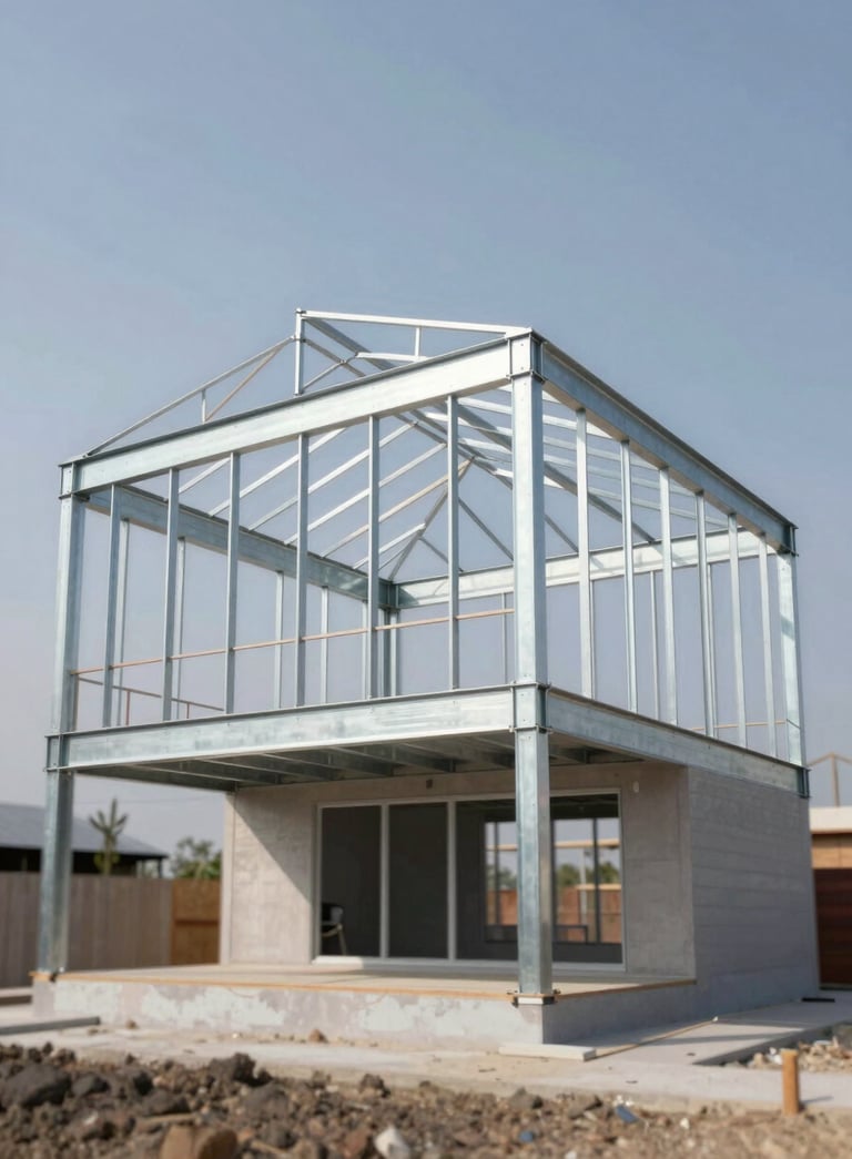 A striking modern house under construction showing the high-quality galvanized steel frame structure. The sky is clear, lighting is bright and professional. The image conveys modern efficiency and structural integrity, using the brand's metallic and neutral palette.