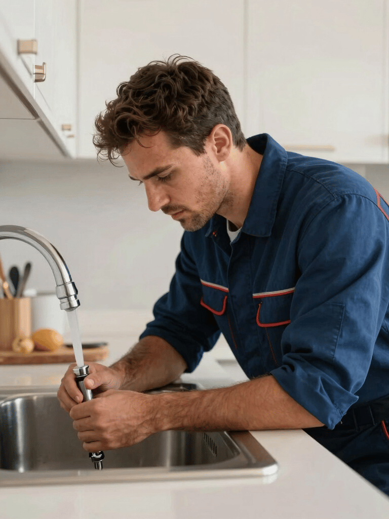 A professional plumber in Midnight Blue work uniform repairing a sink in a modern Spanish kitchen, natural light, focused and reliable expression, Southern European / Spanish setting.