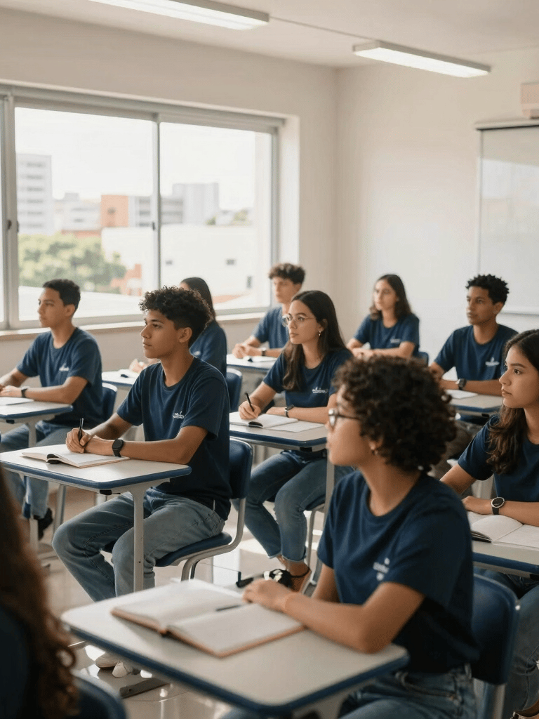 A brightly lit, modern classroom in a South American / Brazilian city, students engaged in a professional training seminar, clean composition, warm natural light coming through large windows, palette of dark blue and off-white, high-quality professional photography.