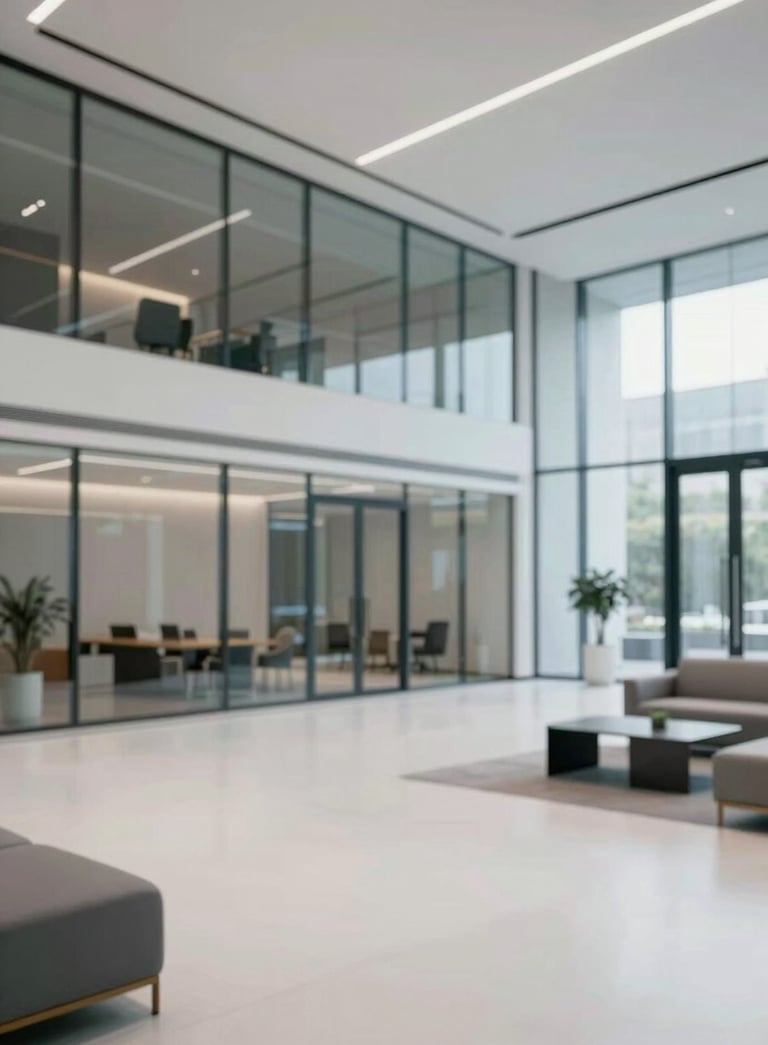 Wide shot of a modern, clean corporate office lobby with glass walls and minimalist furniture, reflecting professional and sophisticated atmosphere with #0D1C2E tones.