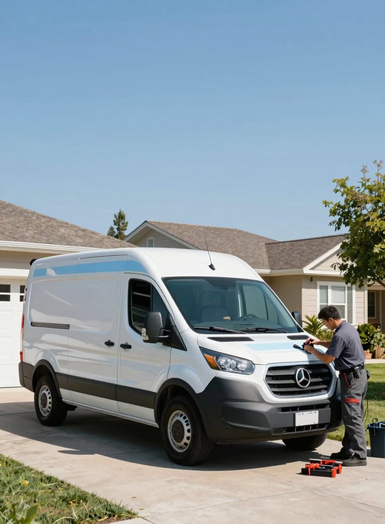 A white service van with subtle sky blue accents parked in a sunny North American suburban driveway, a technician is efficiently preparing tools near the vehicle, wide angle, bright and empowering mood.