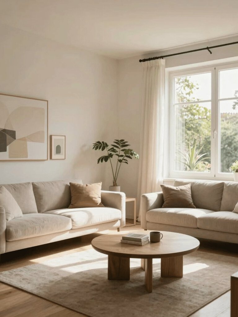 A lifestyle photograph of a bright Southern European / Italian living room with minimalist furniture, large windows, and a fresh atmosphere. The lighting is warm and natural, conveying comfort and cleanliness in a professional manner.