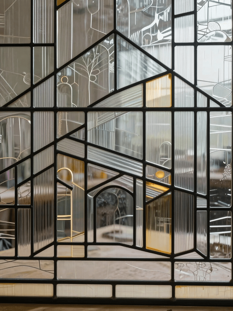 A refined, close-up photograph of a bespoke contemporary stained glass piece created by a French artisan in a Paris metropolitan area workshop. The glass features delicate geometric patterns, subtle light reflections, and transparent and frosted textures, conveying high-end architectural design.