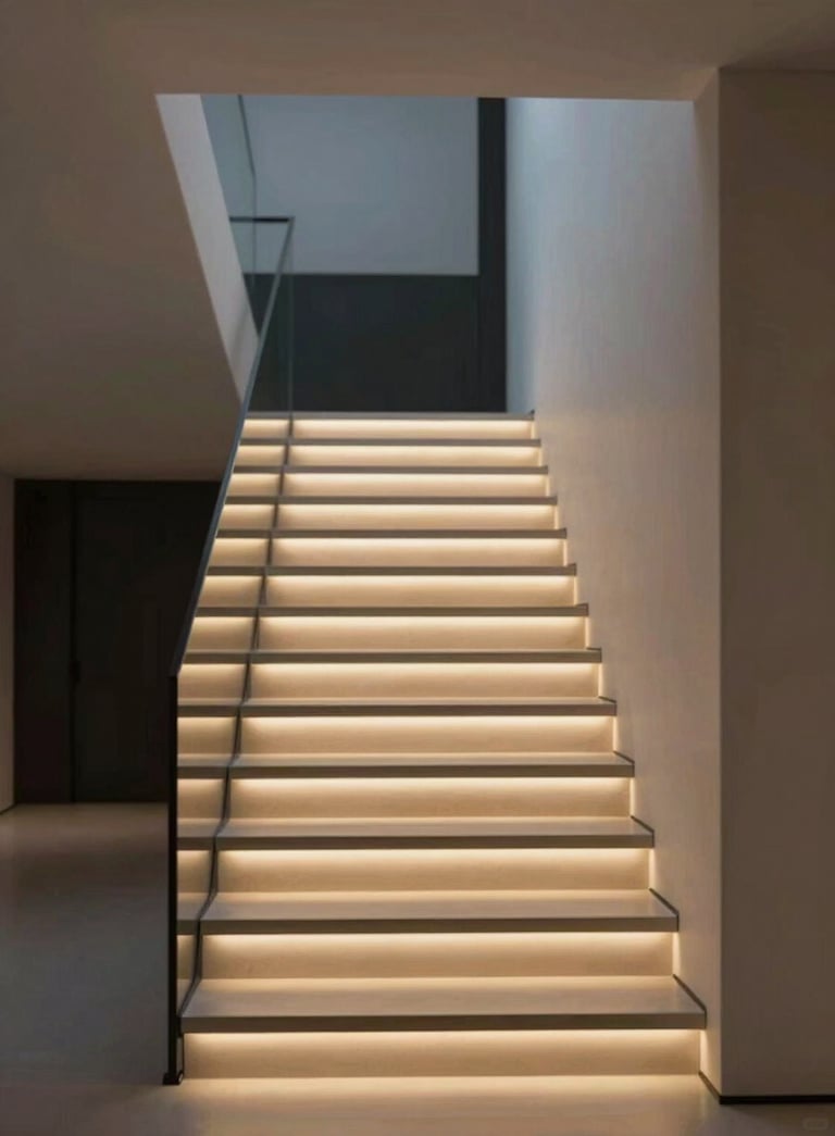A luxury modern staircase at dusk with integrated LED lighting under the treads. The lighting is warm and inviting (#B28D69), contrasting beautifully with the deep shadows (#1A1A1A) and clean white walls (#FDFBF7).