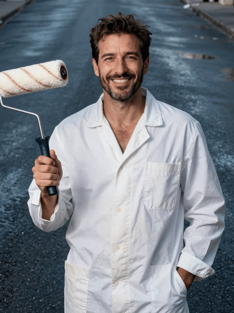 Professional studio photography of a friendly Turkish / Anatolian painter in clean white work clothes, holding a high-quality roller, smiling reliably. Background is a wet asphalt blue color.