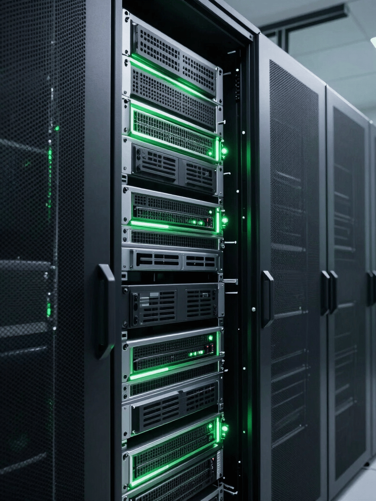 A professional high-tech server room with soft light green lighting on the racks, North American / Global Business setting, modern and clean data center photography.