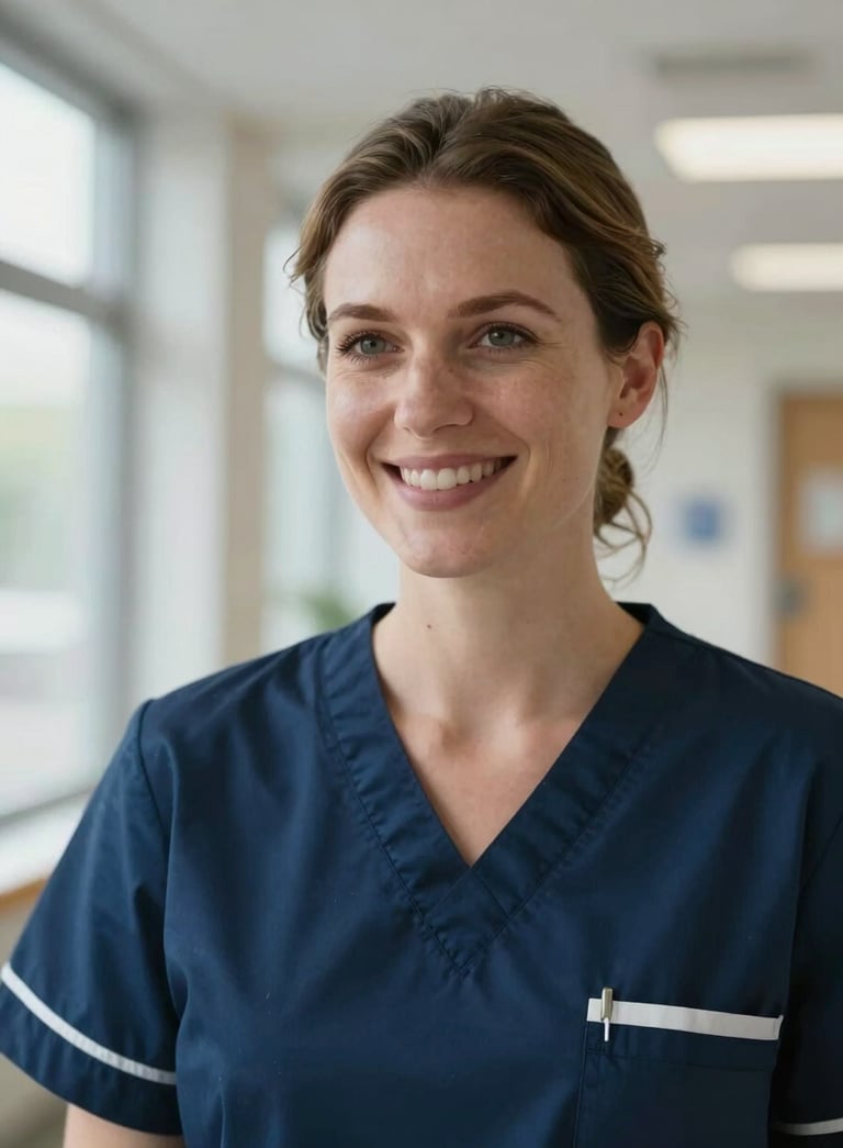 A professional close-up of a European / British nurse in a dark blue uniform smiling warmly in a bright hospital corridor, soft natural lighting, high-quality photography.