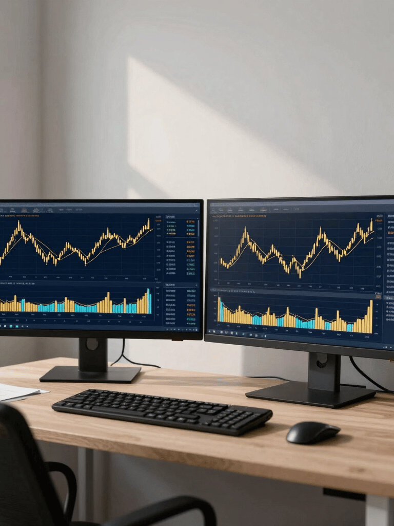 Professional photography of a minimalist trading office in the US, featuring a desk with large monitors displaying gold and navy blue financial charts, soft natural light.
