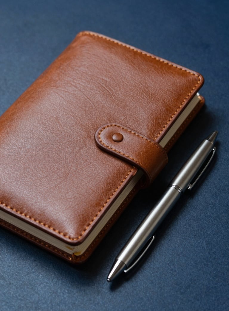 Close-up of a high-quality leather agenda and a minimalist metal pen on a dark blue surface, capturing the essence of administrative professionalism and detail-oriented work in a South American / Brazilian setting.