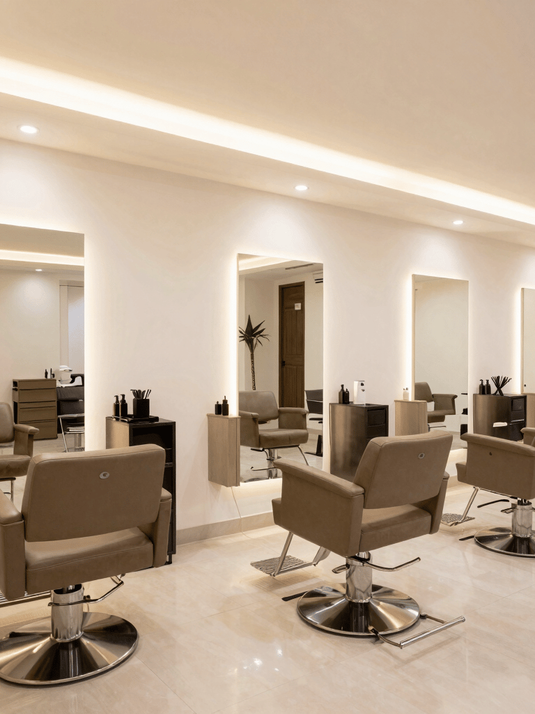 A wide-angle interior shot of a luxurious, modern unisex salon in Mysuru, featuring taupe styling chairs, charcoal accents, and bright, warm lighting. South Asian atmosphere.