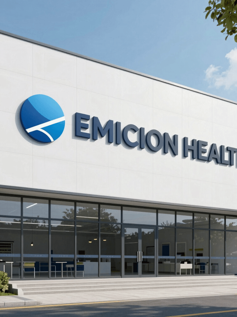 A wide-angle, professional photography shot of a modern pharmaceutical research facility at night. The architecture is sleek glass and steel, illuminated with cool white and soft blue lights. The scene reflects a North American corporate headquarters, conveying trust and scientific innovation.