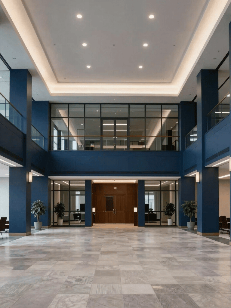 A wide-angle interior shot of a sophisticated Central European corporate lobby with high ceilings and clean lines, featuring a subtle color palette of dark blue and grey, exuding stability and trust.