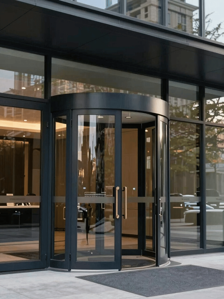 A high-end architectural photograph of a modern North American corporate entrance featuring large glass pivot doors and sleek dark navy steel frames, symbolizing established expertise and security.