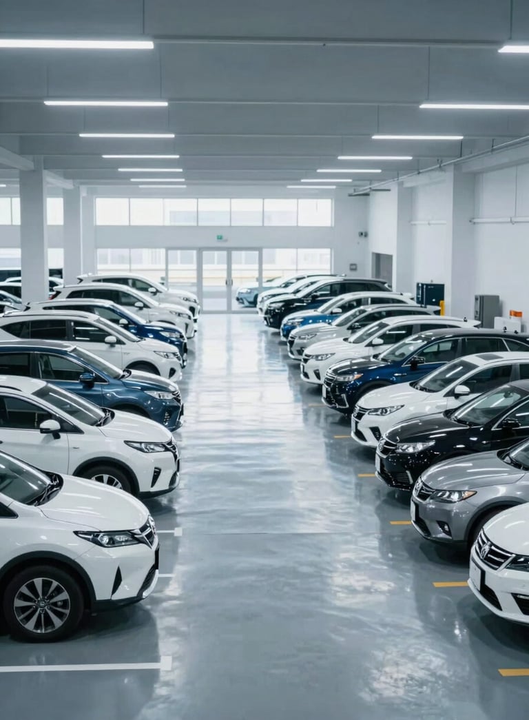 A wide-angle, high-resolution photograph of a pristine, organized indoor car warehouse in Japan, featuring rows of high-quality used Japanese sedans and SUVs. The lighting is bright and professional, reflecting off the polished concrete floor. The environment exudes reliability and scale, incorporating #F8F9FA and #405D7C in the architecture.