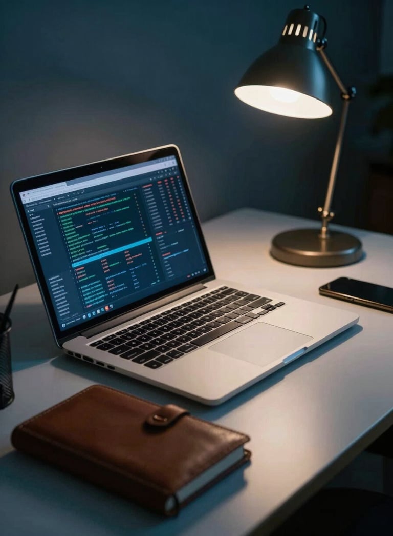 A sophisticated North American investigator's workspace at night, featuring a desk with a sleek laptop showing data patterns, a classic leather notebook, and soft ambient lighting from a desk lamp, casting professional shadows in shades of deep teal and slate blue.