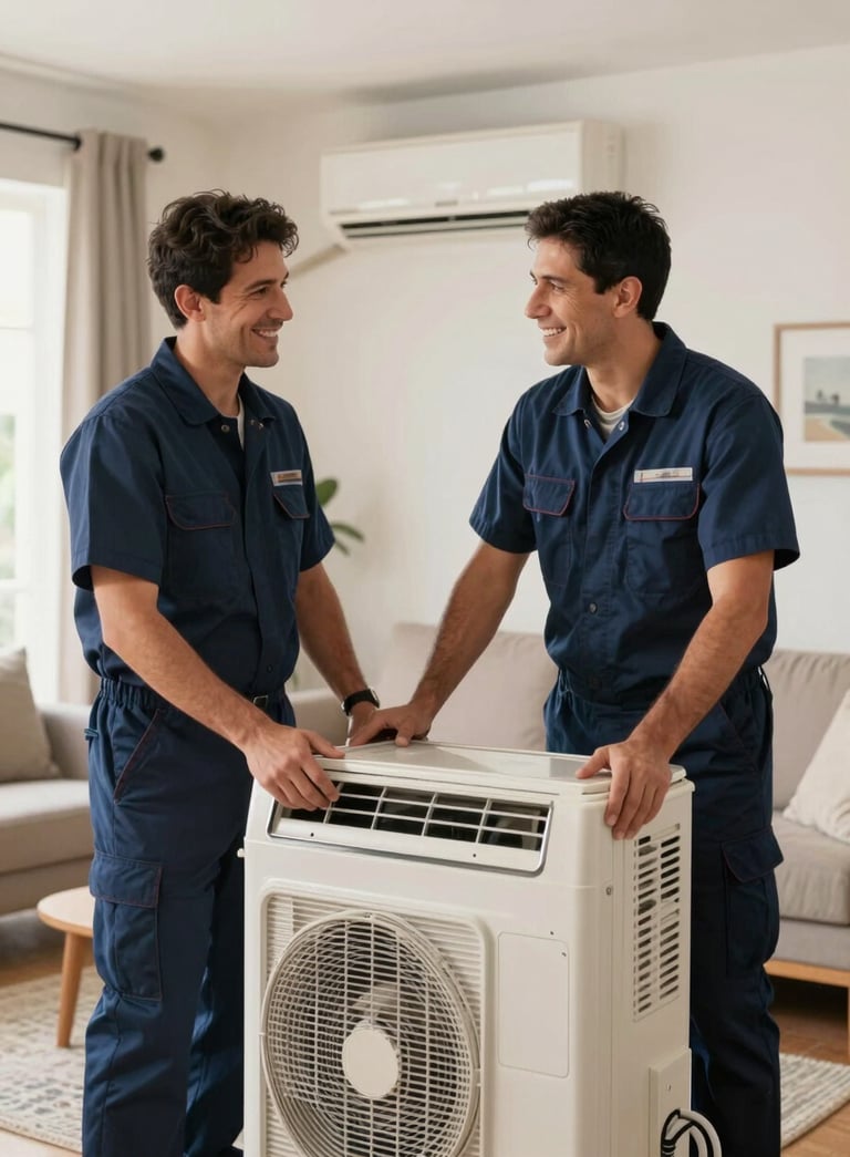 A smiling professional technician in a Deep Navy Blue uniform installing a high-end air conditioning unit in a bright, modern Latin American / Spanish living room. Warm natural lighting.
