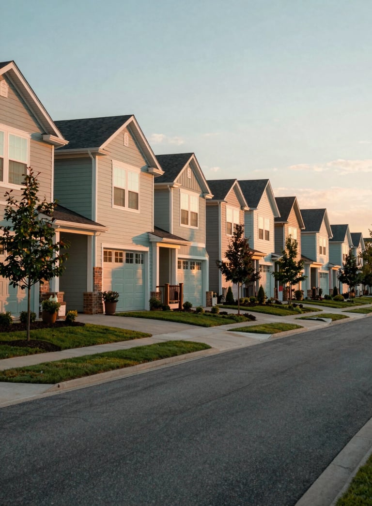 A professional wide-angle shot of a beautiful suburban street in a North American / US (Southeast) neighborhood in Raleigh, NC. The image features a row of modern townhomes at sunset with warm lighting and landscaping in Muted Seafoam and Soft Sage tones.