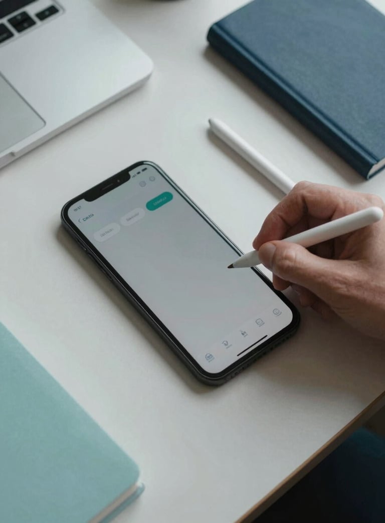 A top-down photograph of a professional workspace in the US, featuring a mobile device, a stylus, and a notebook on a clean light gray desk with soft teal and navy office stationery.