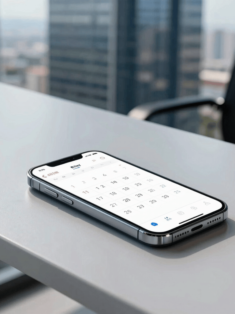 A close-up of a modern desk in a Brazilian skyscraper office at mid-day. A smartphone displays a clean calendar interface. The lighting is crisp and professional, using a light grey and dark blue palette.