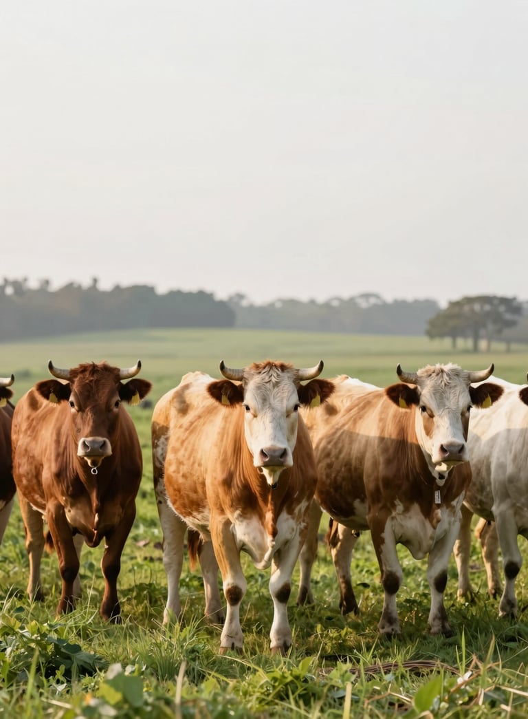 A group of healthy, powerful Nelore beef cattle in a lush green pasture (#88A67B). Professional agricultural photography, clean composition, soft morning sunlight reflecting the brand's trustworthy and expert mood. Earthy tones #6E615B present in the landscape.