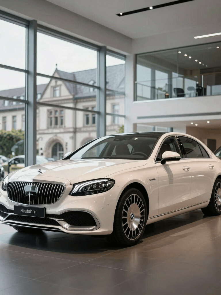 Photography of a modern and spacious car showroom in Neufahrn Germany, featuring a white luxury sedan on a polished floor, natural light streaming through large glass windows, Central European architectural style.