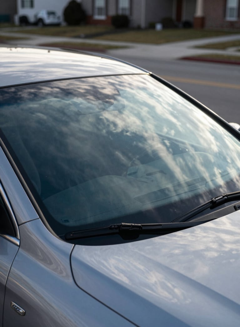 A high-end sedan parked on a North American / US suburban street during a bright morning. The focus is on a crystal-clear windshield reflecting the soft arctic white clouds and deep navy blue sky. Professional photography with sharp details and a clean composition.
