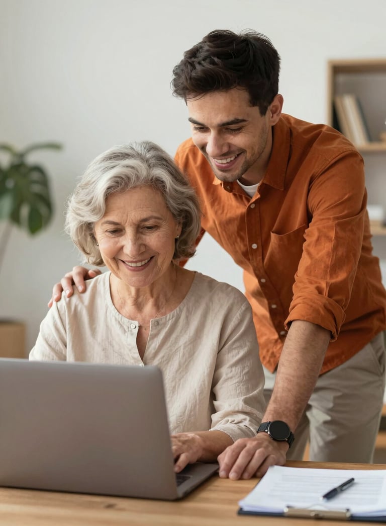 A friendly IT professional in a clean orange shirt helping a smiling senior woman with her laptop in a bright living room, modern and trustworthy atmosphere, professional lighting.
