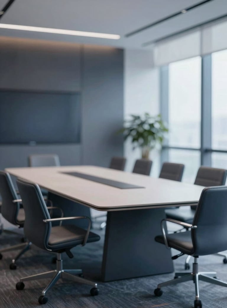 A high-end corporate boardroom with a minimalist aesthetic, soft natural light, and elegant furniture in shades of #1A2C38 and #3A6076.