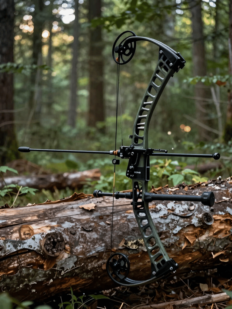 A premium hunting compound bow resting against a weathered cedar log, early morning light filtering through a North American forest, featuring deep greens and earthy browns. No people.
