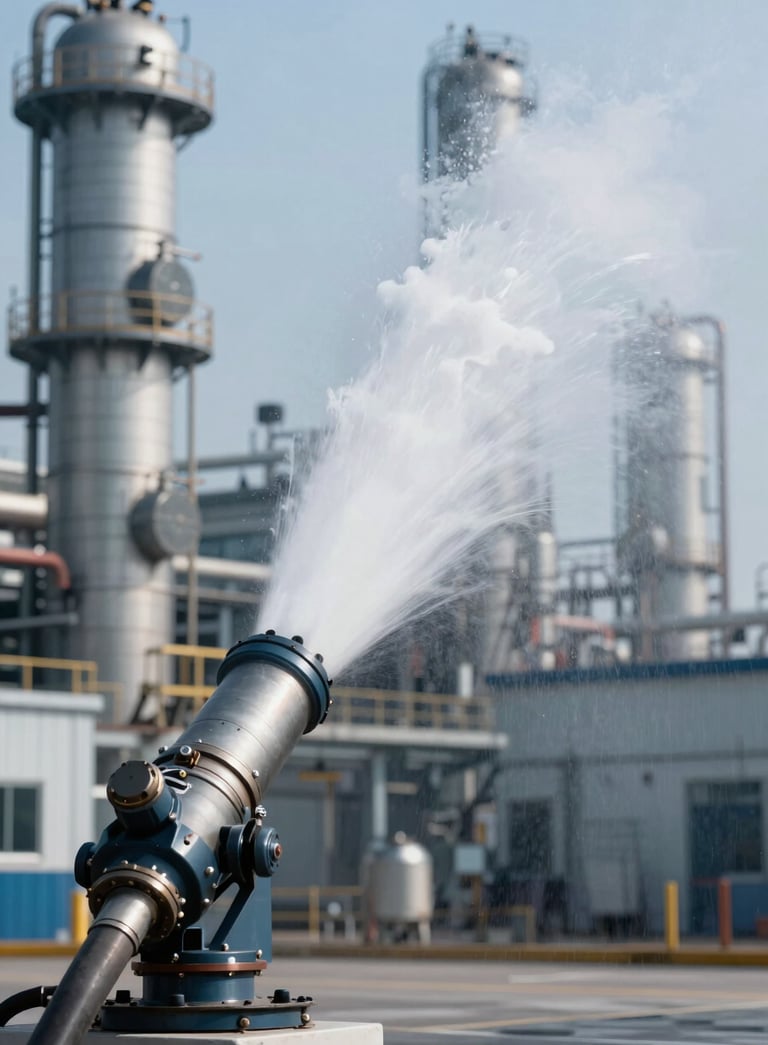 Powerful industrial foam monitor cannon discharging a thick stream of extinguishing foam in a controlled refinery testing environment. High-contrast professional photography using #1A202C and #3D5A80 tones.