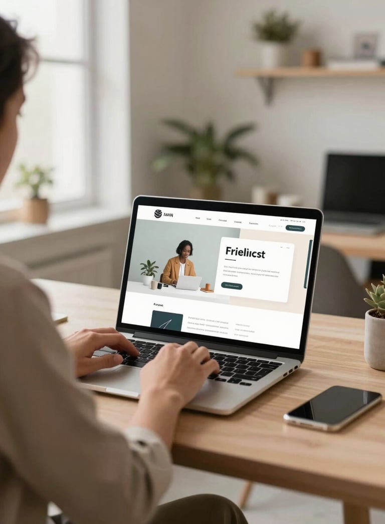 A professional web developer in a clean Ayodhya office, working on a sleek laptop showing a modern website design. The room is filled with soft natural light, featuring #B78759 accents. The mood is trustworthy and contemporary.