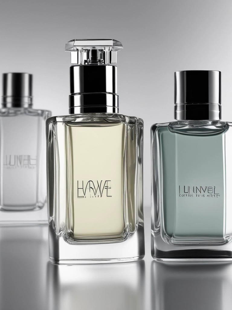 Elegant perfume bottles with delicate floral designs displayed on a glass shelf catching soft light.