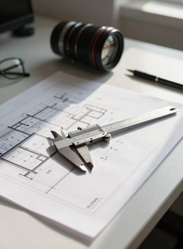 A clean desk in a North American / Mexican office with architectural plans and a precision caliper, soft natural morning light, professional atmosphere.