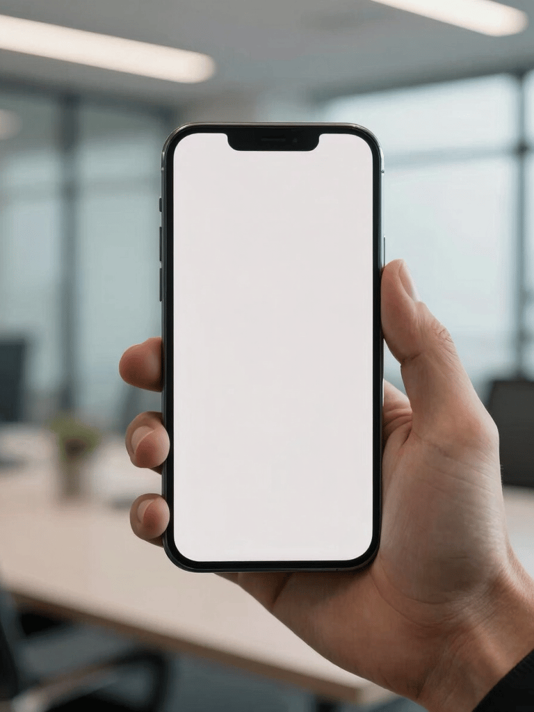 A sleek minimalist smartphone held by a professional in a modern North American office setting. Focus on a clean screen with soft morning light and off-white and muted blue tones in the background.